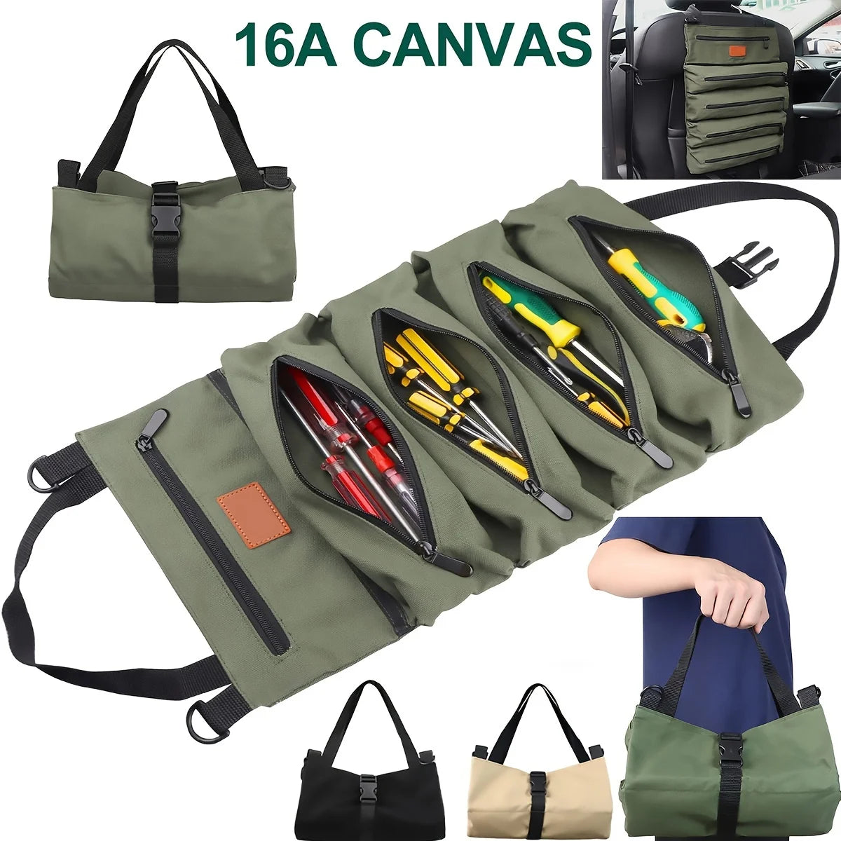 Tool Roll, Multi-Purpose Roll Up Tool Bag, Wrench Roll, Canvas Tool Organizer Bucket, Car First Aid Kit Wrap Roll Storage Case