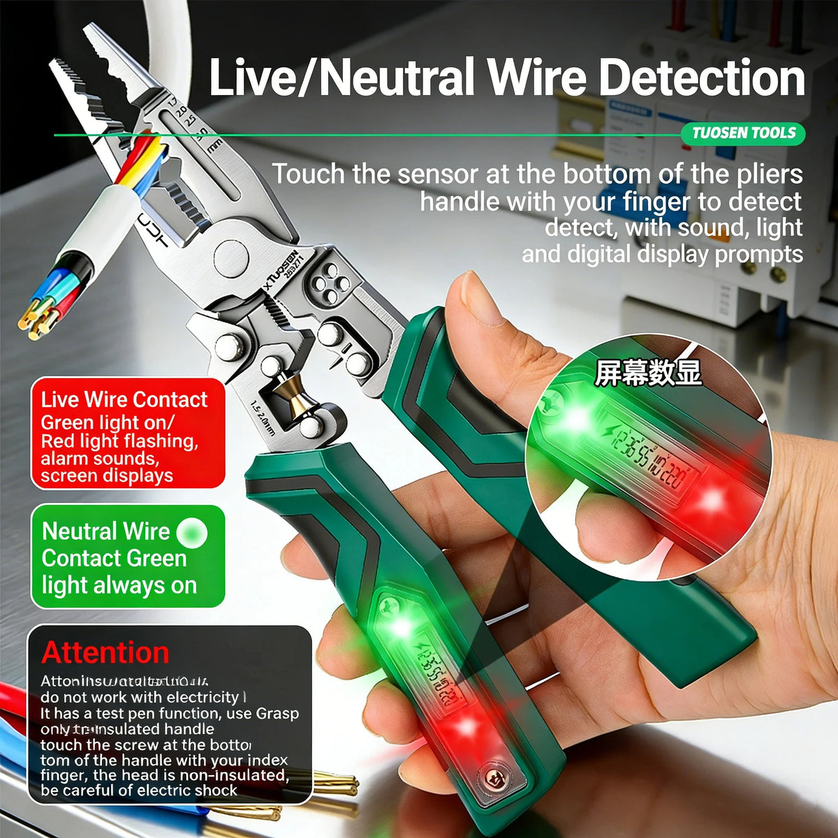 TUOSEN Electrician Multi-Tool Set with Voltage Tester Wire Stripper Pliers for Wrapping Winding Crimping - Durable Tool Kit