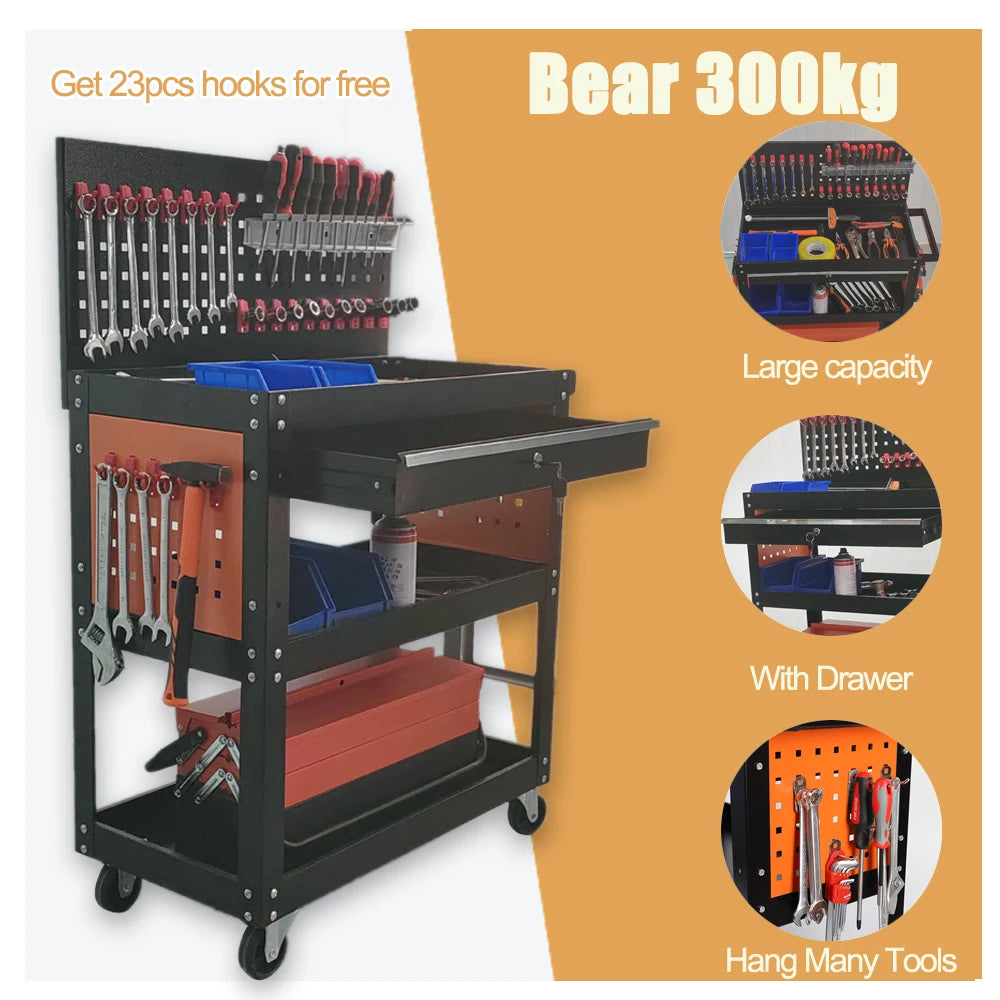 Heavy-Duty 3-Tier Rolling Workshop Tool Trolley with Pegboard