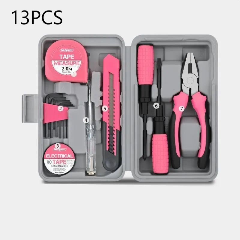 13PCs Pink DIY Tool Kit with Electric Pen & CR-V Steel - Home Maintenance Hand Tools Set for Women & Car Care