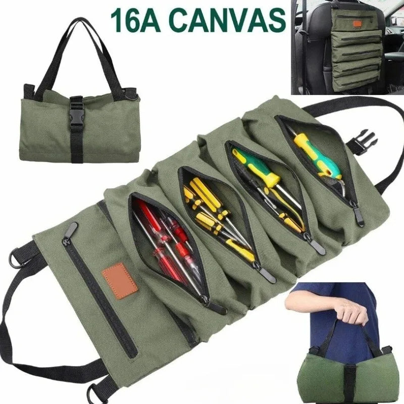 Heavy-Duty Roll-Up Tool Bag - Oxford Fabric Multi-Tool Organizer All-in-One Garage Storage for Mechanics/Electricians/Carpenters