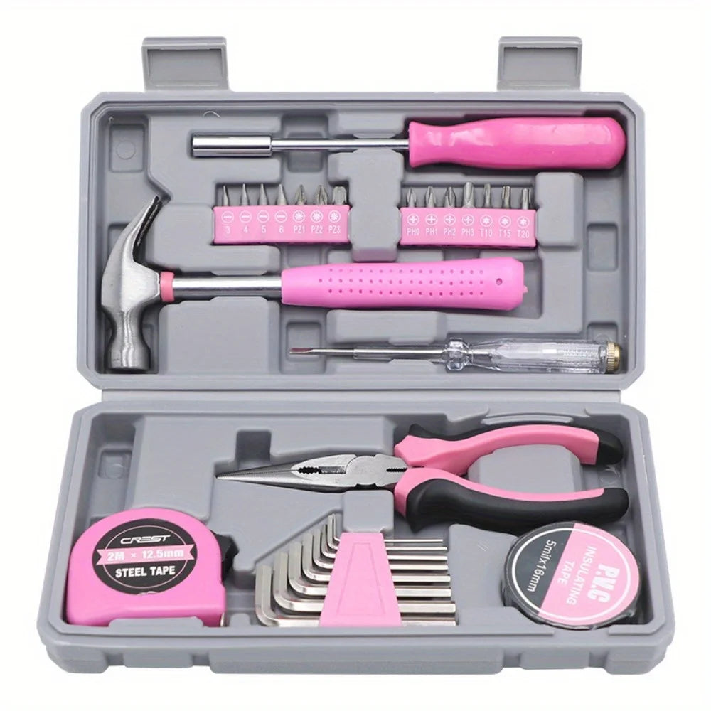 Tool Set 29pc Pink Household DIY Tool Kit for Women. Small Mini Tool Box Set of Starter Basic Ladies Tools
