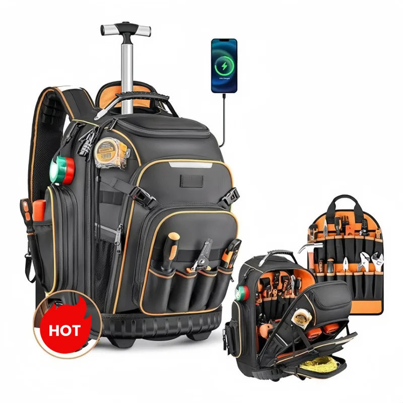 Tool Backpack with Wheels Heavy Duty Tool Bag Large Capacity Rolling Tool-Station Pro Heavy-Duty Organizer Electrician Tool Bag
