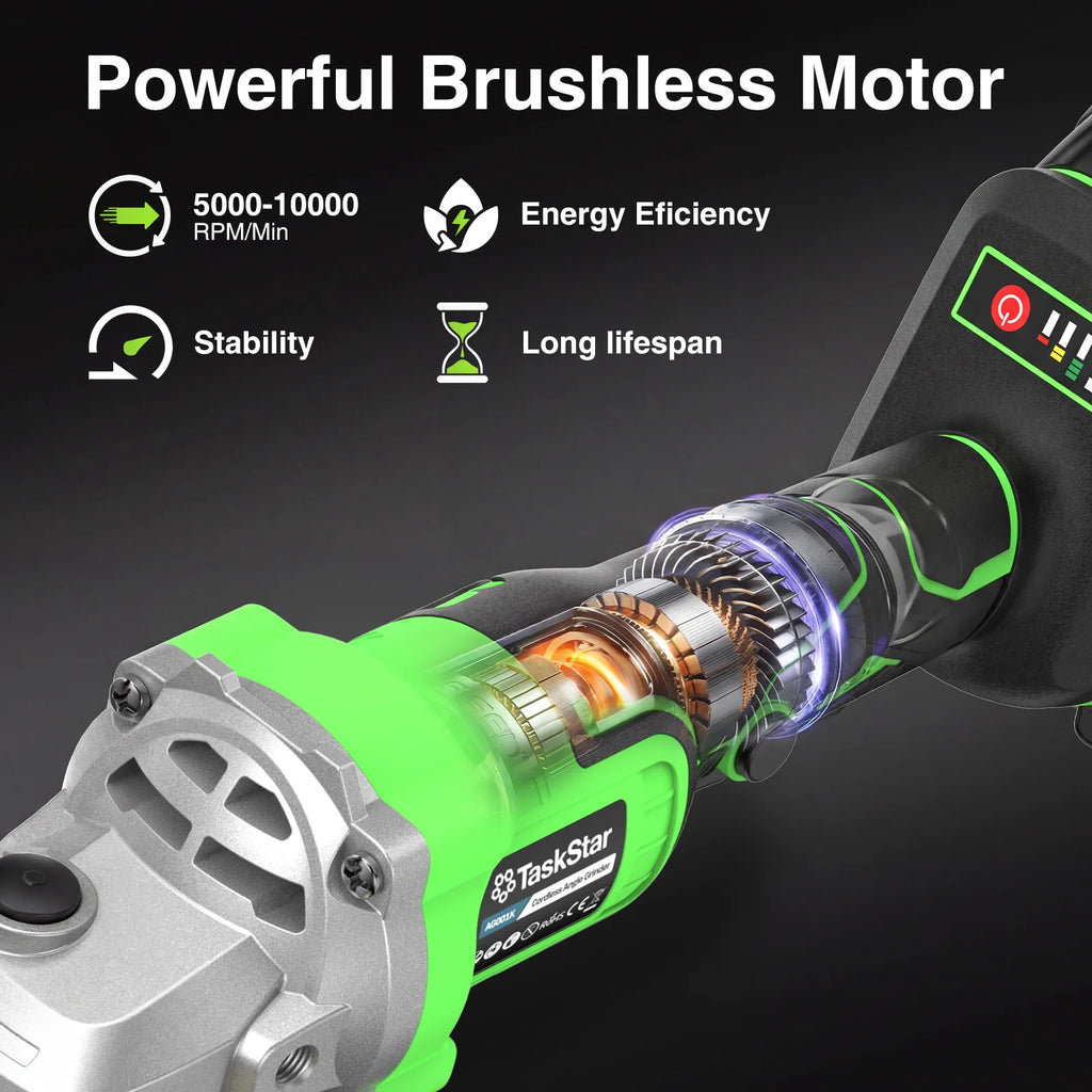 TaskStar 21V Brushless Cordless Angle Grinder Set – 10000 RPM with 2x 4.0Ah Batteries