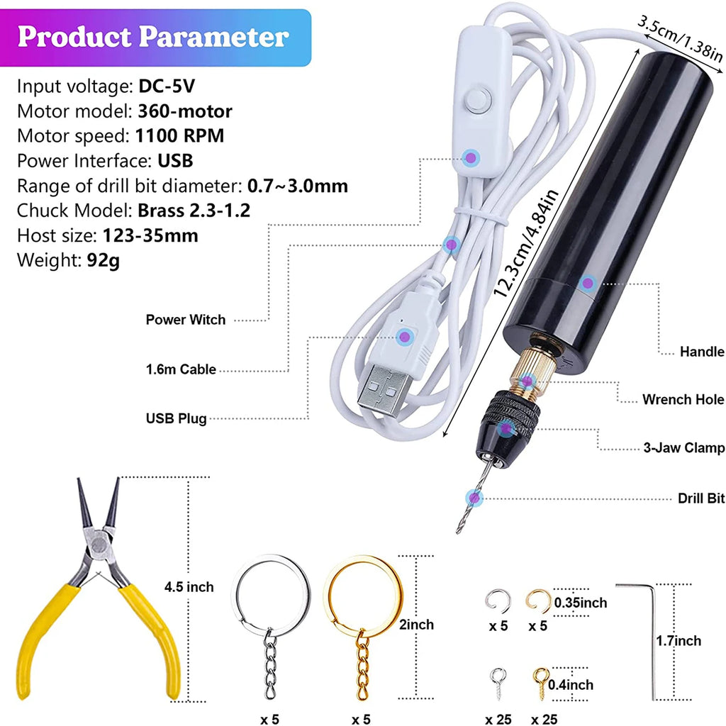 Electric Rotary Tool Kit Jewelry Tools Mini Electric Drill Handheld Portable Keychain Making Kit For Jewelry Resin Grinding Tool