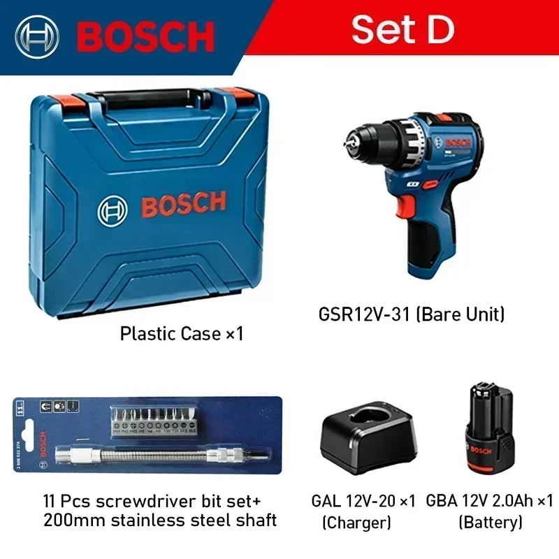 BOSCH GSR12V-31 Cordless Electric Drill Driver Rechargeable Screwdriver Kit High Torque Dual Speed Multifunctional Power Tool