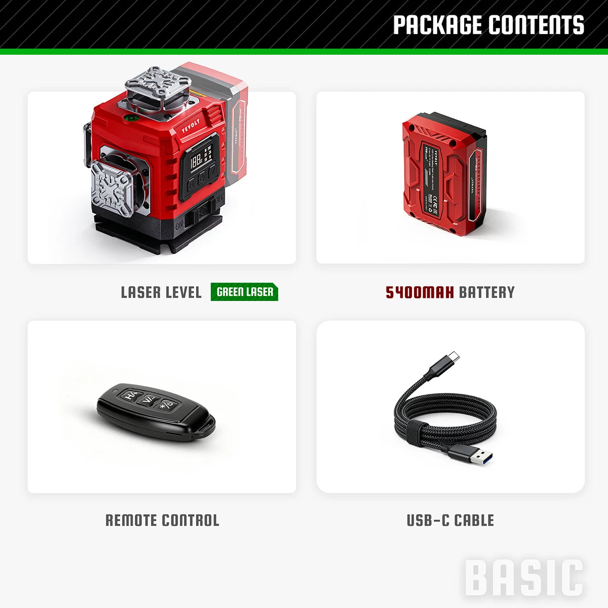 YEVOLT 16‑Line Green Laser Level 4×360° Planes Gravity Self‑Adjust Slope Function Type‑C Power Build & Tile