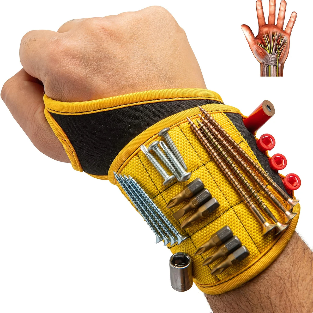 1-Piece Tool Storage Wristband with Thumb-Wrap Design, Magnetic Tool Storage Strap with Metal Accessories, Strong Magnetic Wristband