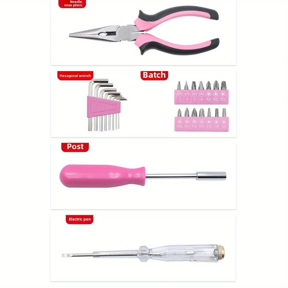 Tool Set 29pc Pink Household DIY Tool Kit for Women. Small Mini Tool Box Set of Starter Basic Ladies Tools