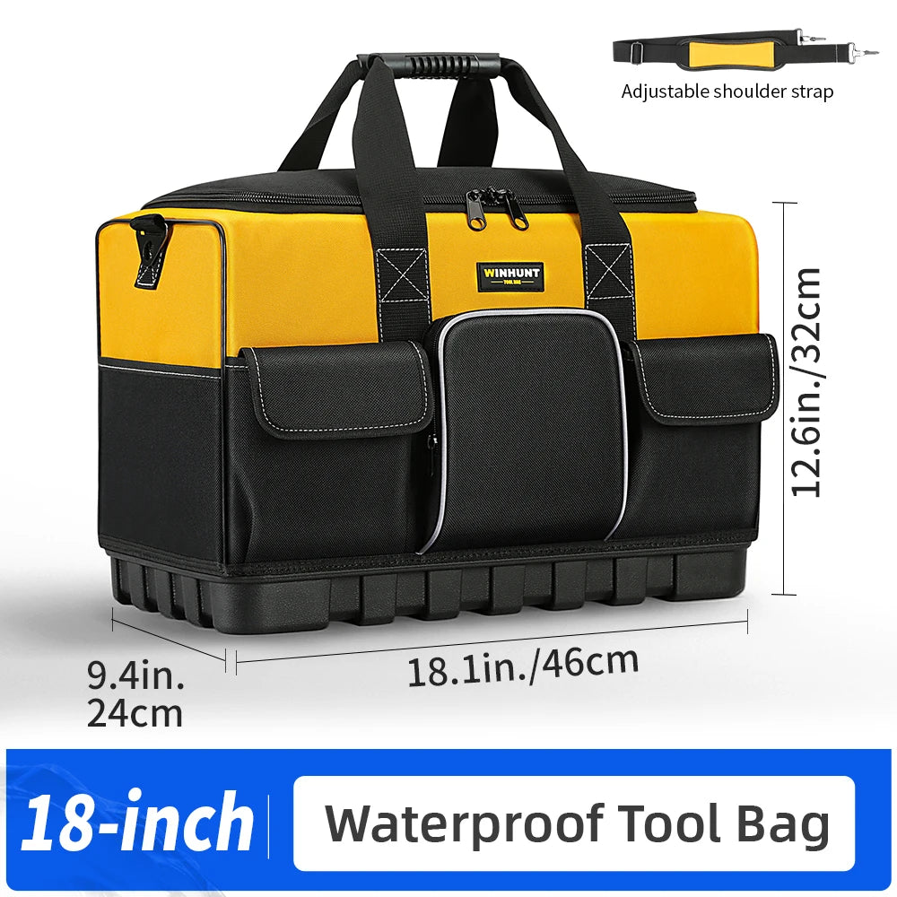 Heavy-Duty Tool Bag with Wide Mouth & Molded Bottom - Adjustable Shoulder Strap, Durable Polyester, Yellow/Black