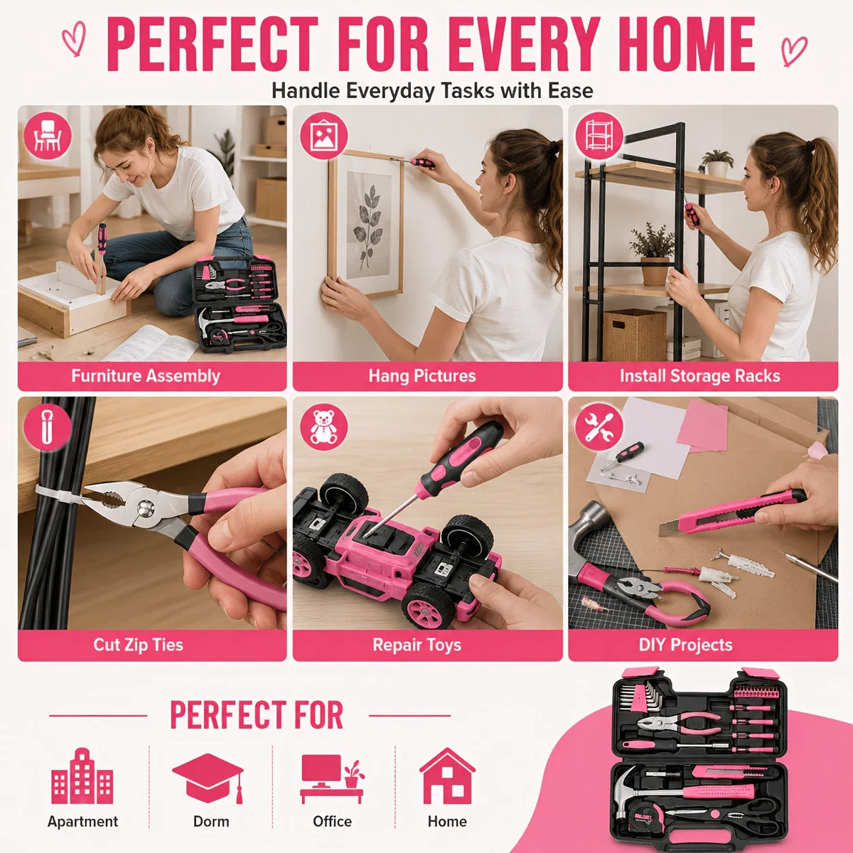 40PCS Pink Household Tool Kit with Storage Case, Hammer Pliers Screwdrivers Hex Keys Tape Measure Utility Knife DIY Repair Set