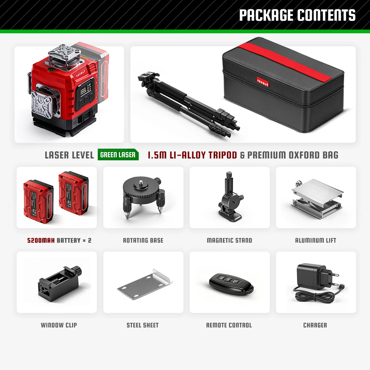 YEVOLT 16‑Line Green Laser Level 4×360° Planes Gravity Self‑Adjust Slope Function Type‑C Power Build & Tile