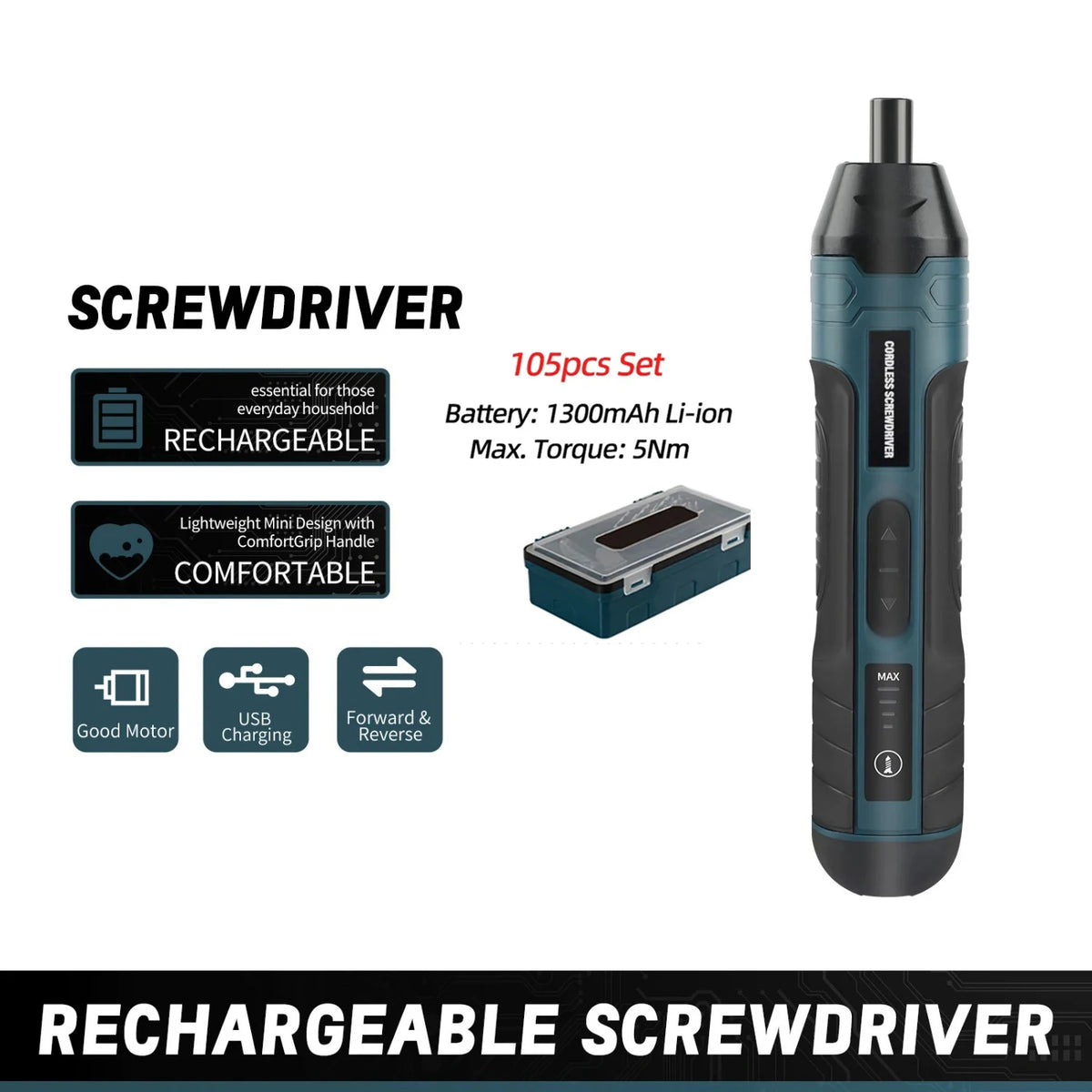 Cordless Mini Electric Screwdriver Rechargeable, 3.6V Power Drill & Bits Set with 1300mAh Battery, Household Repair Tool Kit