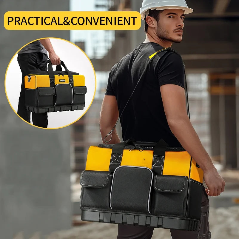 Heavy-Duty Tool Bag with Wide Mouth & Molded Bottom - Adjustable Shoulder Strap, Durable Polyester, Yellow/Black