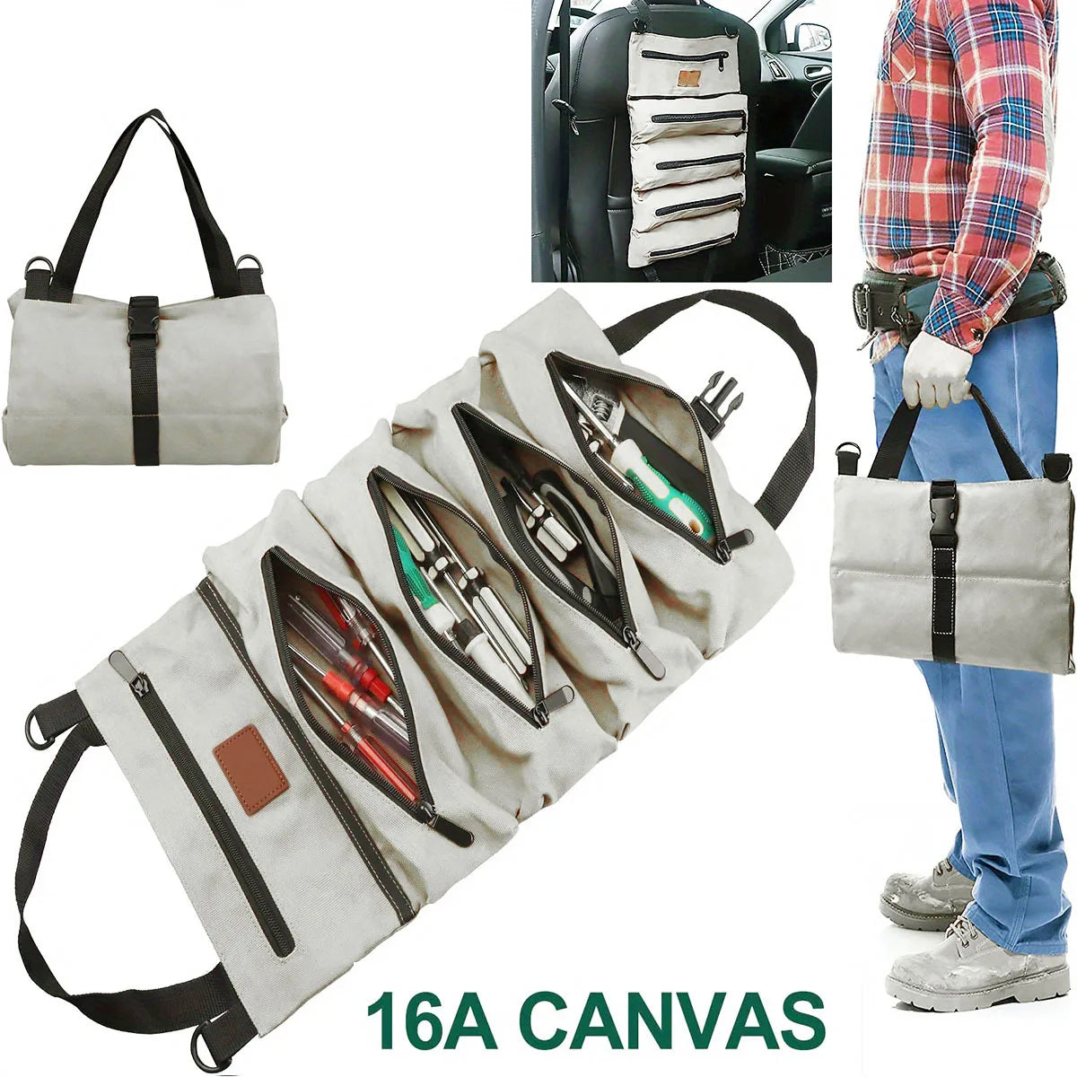 Tool Roll, Multi-Purpose Roll Up Tool Bag, Wrench Roll, Canvas Tool Organizer Bucket, Car First Aid Kit Wrap Roll Storage Case