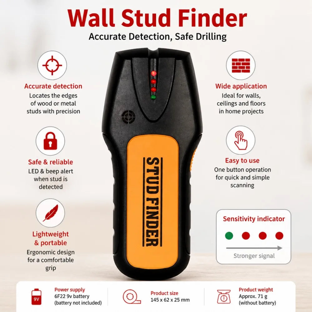 Electronic Stud Finder Wall Scanner, Wood & Metal Detector, 20mm Deep Detection Sensor with LED Light Audible Alarm
