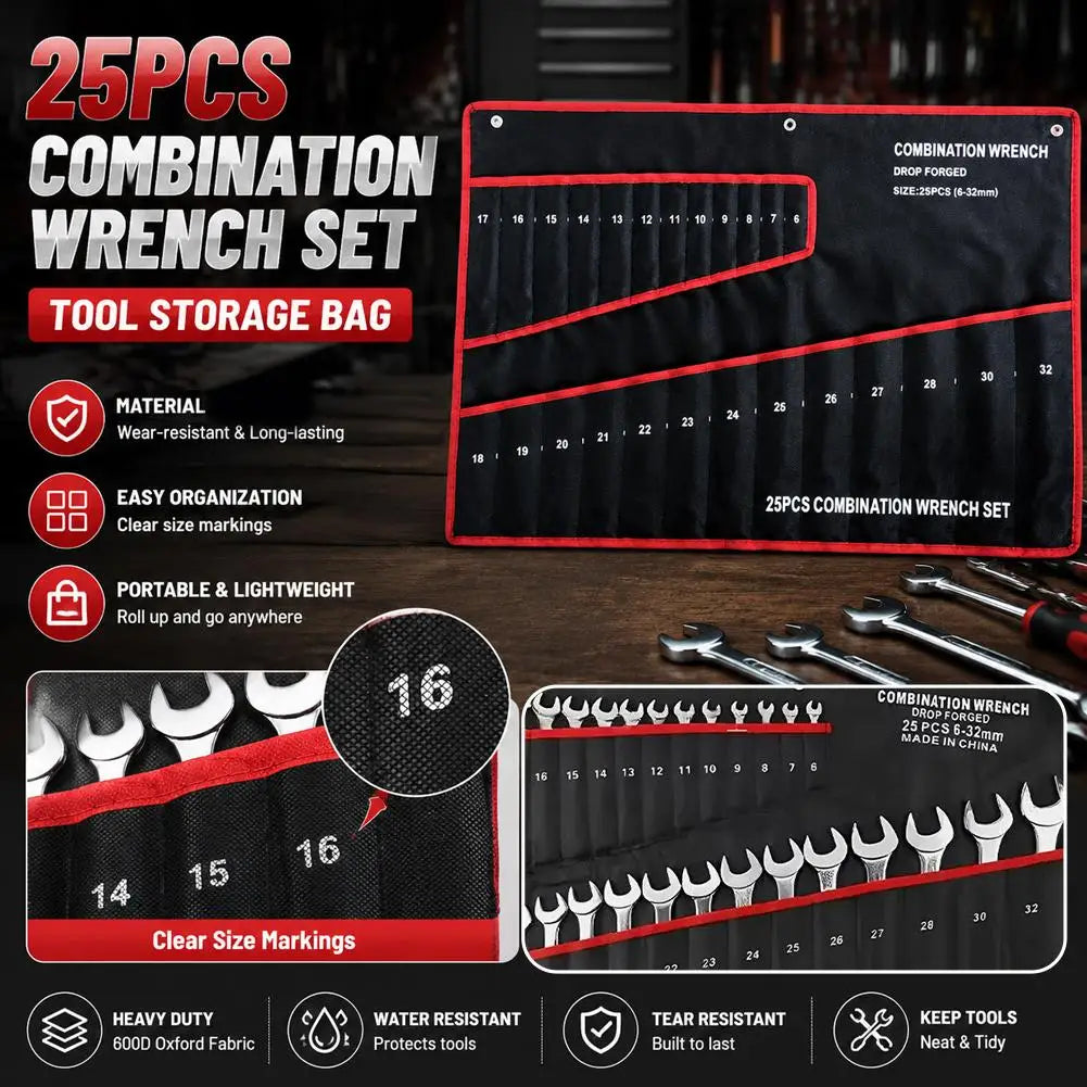 25 Slots Wrench Storage Roll Up Bag Portable Heavy Duty 6-32mm Woven Tool Organizer Pouch Tool Storage Bag Wrench Holder