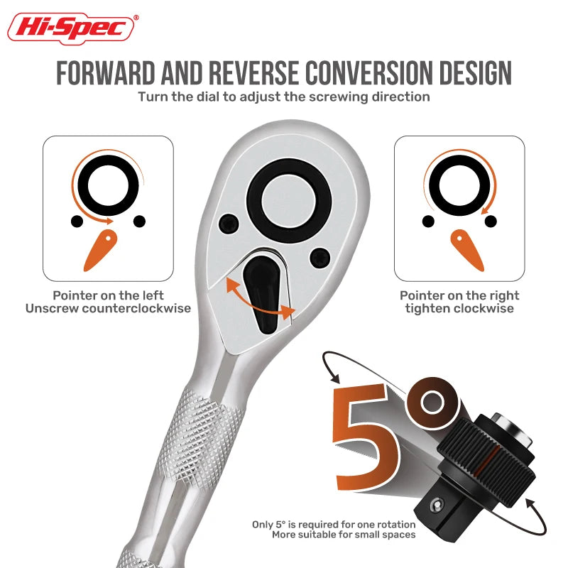 Hi-Spec 1/4" 3/8" 1/2" 72-Tooth Ratchet Wrench Set 2-in-1 Dual Head Reversible Socket Hand Tool for Auto Repair DIY