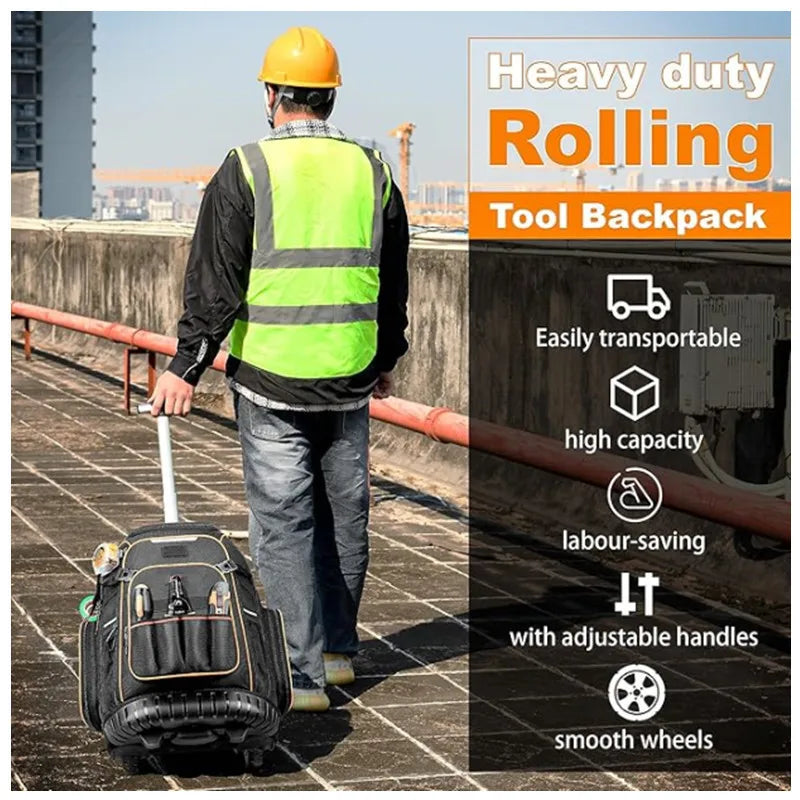 Tool Backpack with Wheels Heavy Duty Tool Bag Large Capacity Rolling Tool-Station Pro Heavy-Duty Organizer Electrician Tool Bag