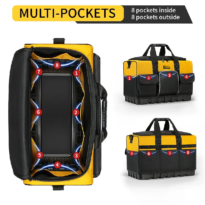 Heavy-Duty Tool Bag with Wide Mouth & Molded Bottom - Adjustable Shoulder Strap, Durable Polyester, Yellow/Black
