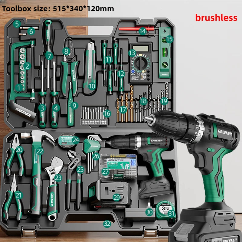 Electrician Electric Drill Set Hardware Brushless Drill Tools Multi-function Complete Repair Power Tool Set Household Toolkit