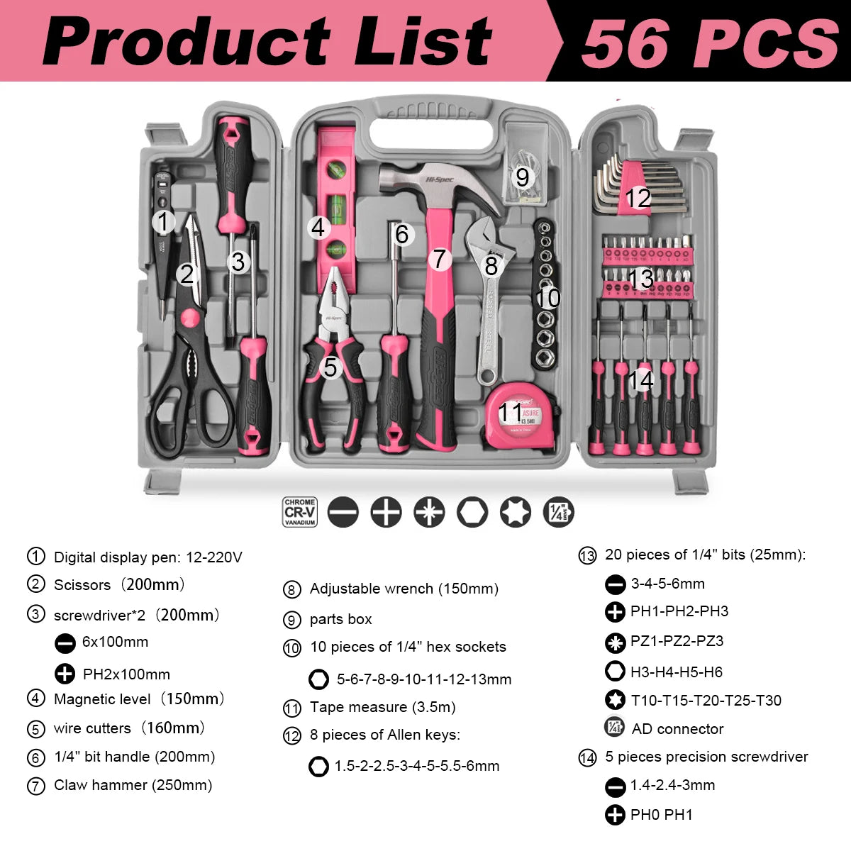 Pink 35/56/67/71pcs Household Hand Tool Set, Hardware Kit, Household Tool Set, Industrial Tool Set Automotive Maintenance Tools
