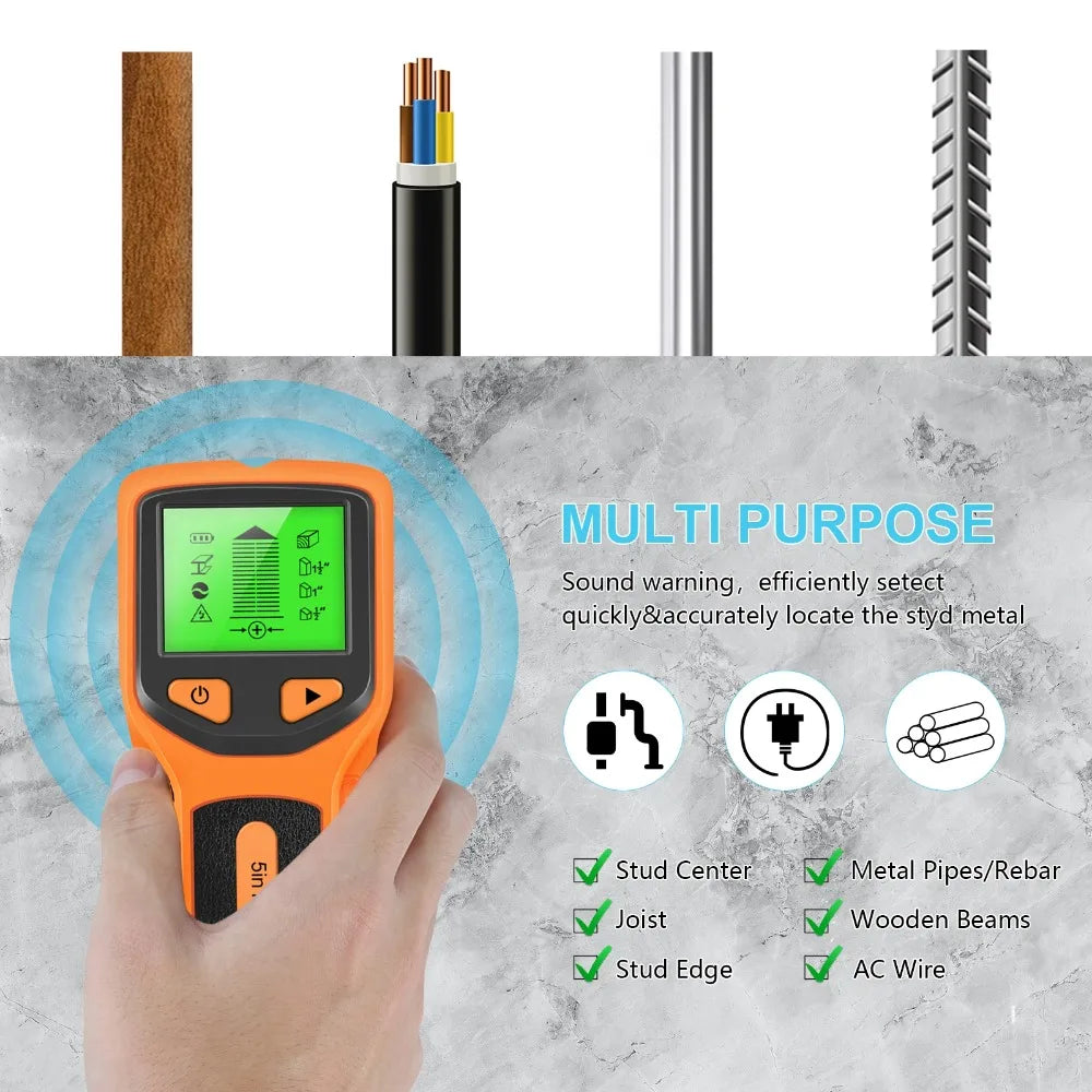 5 in 1 Digital Stud Detector Handheld Wall Scanner for Metal Wood Live AC Wires Cable PVC Water Pipe Finder