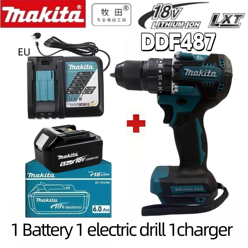 Original Makita DDF487 18V 13mm Cordless Driver Drill Kit Equipped with 6Ah Replacement Battery and Standard Charger