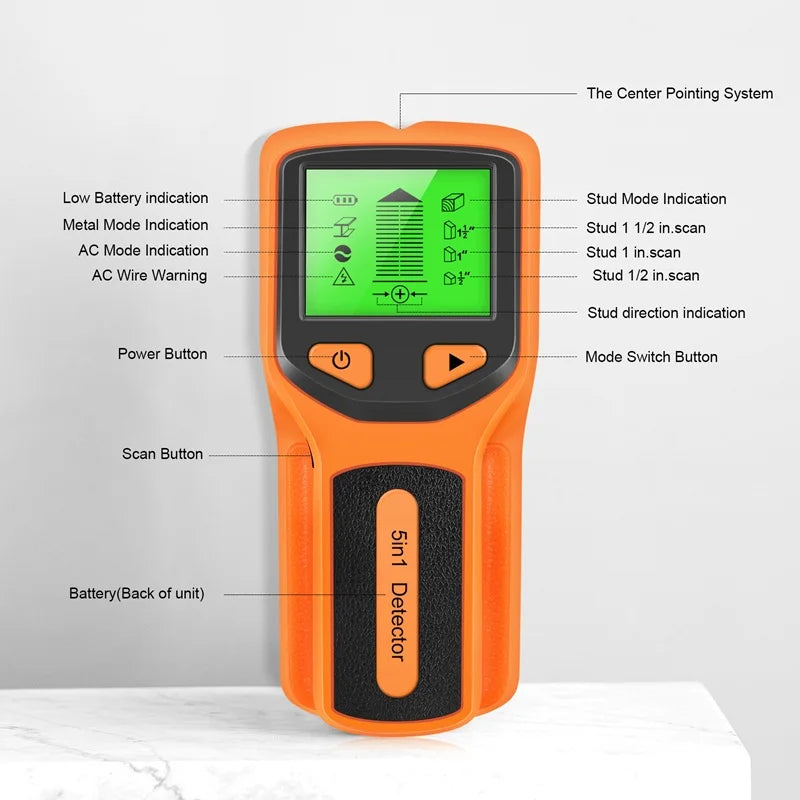 Digital Handheld 5 in 1 Stud Detector Wall Wood Scanner Wall Detector Live AC Wires Cable PVC Water Pipe Metal Finder Scanner