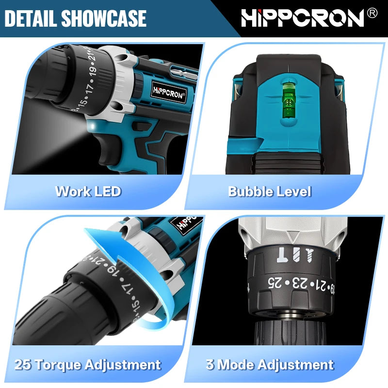 Hippcron Cordless Impact Electric Drill Driver Kit 25+3 Torque Setting 3/8" Keyless Chuck Portable Power Tool Variable Speed