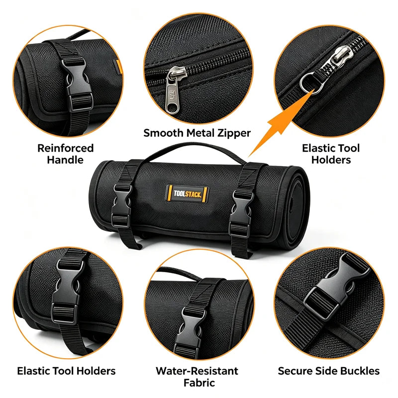 TOOLSTACK Heavy Duty Roll Up Tool Bag Oxford Multi-Purpose Hardware Tool Organizer Storage for Mechanics Electricians Carpenters